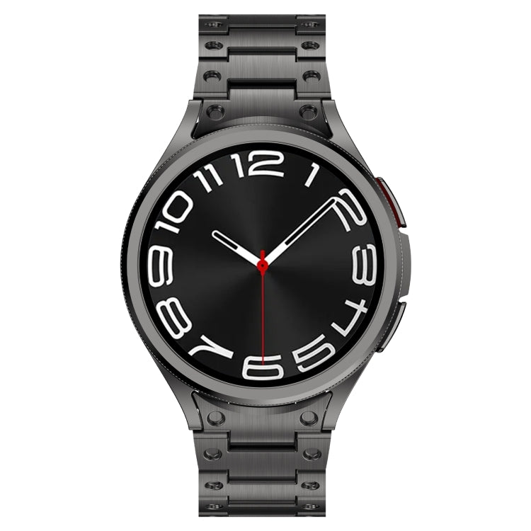 Stylish stainless steel strap for Samsung Galaxy Watch 6 in silver, black, and titanium gray colors, showcasing its butterfly snap design.